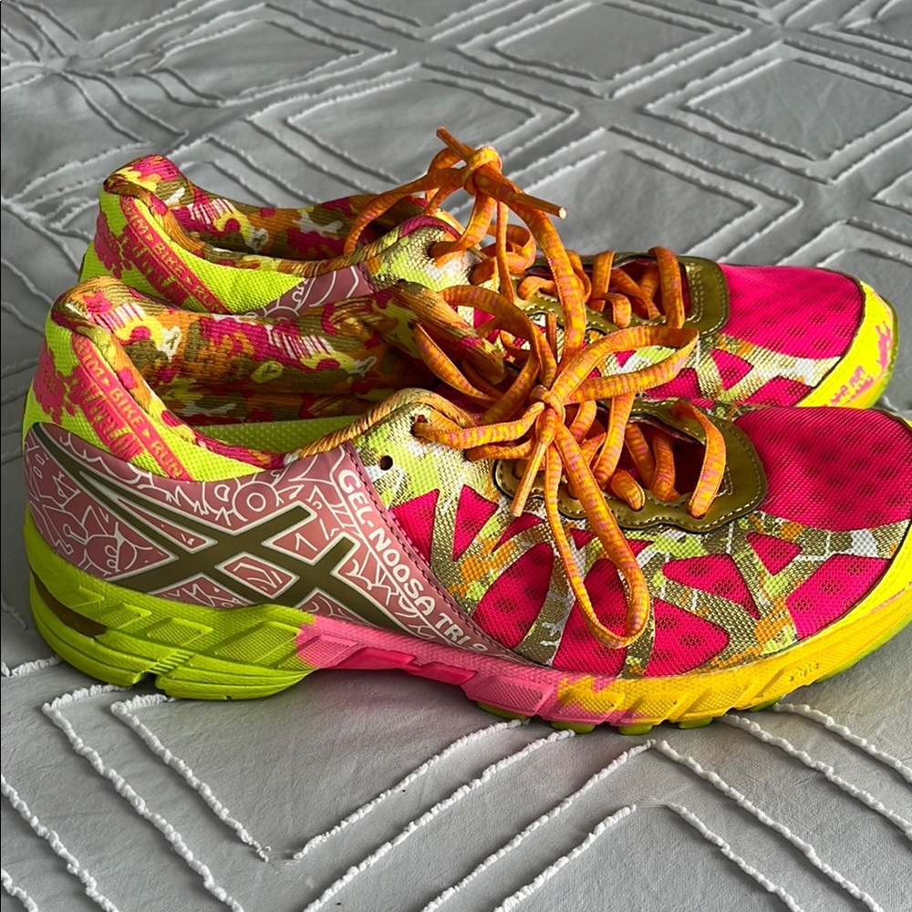 ASICS Pink and Yellow Athletic Shoes with Breathable Mesh